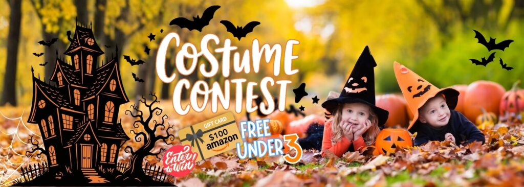 Two toddlers in Halloween costumes laying in fall leaves with Costume Contest text overlaid.