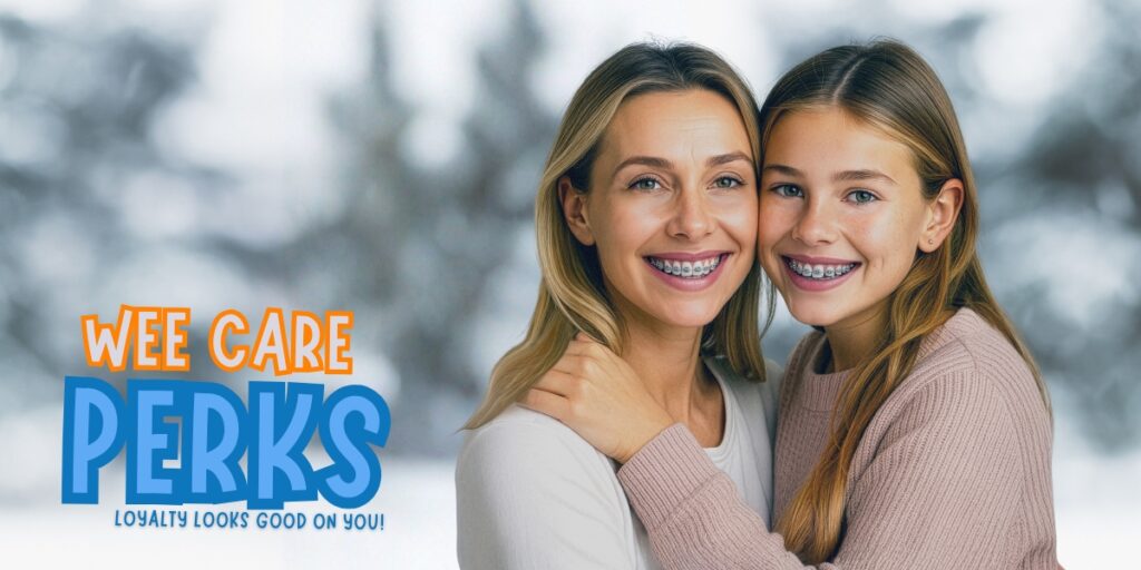 mother and daughter smiling with braces in a wintery wonderland Wee Care Perks logo