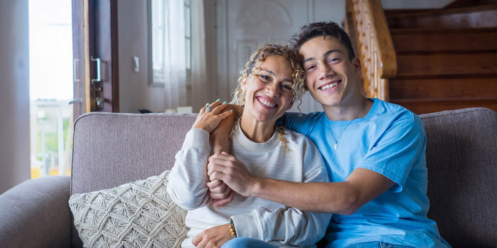 Smiling mother and son