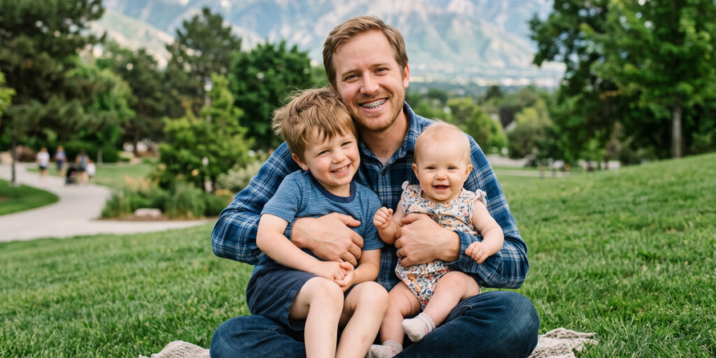 Smiling dad with his son and daughter