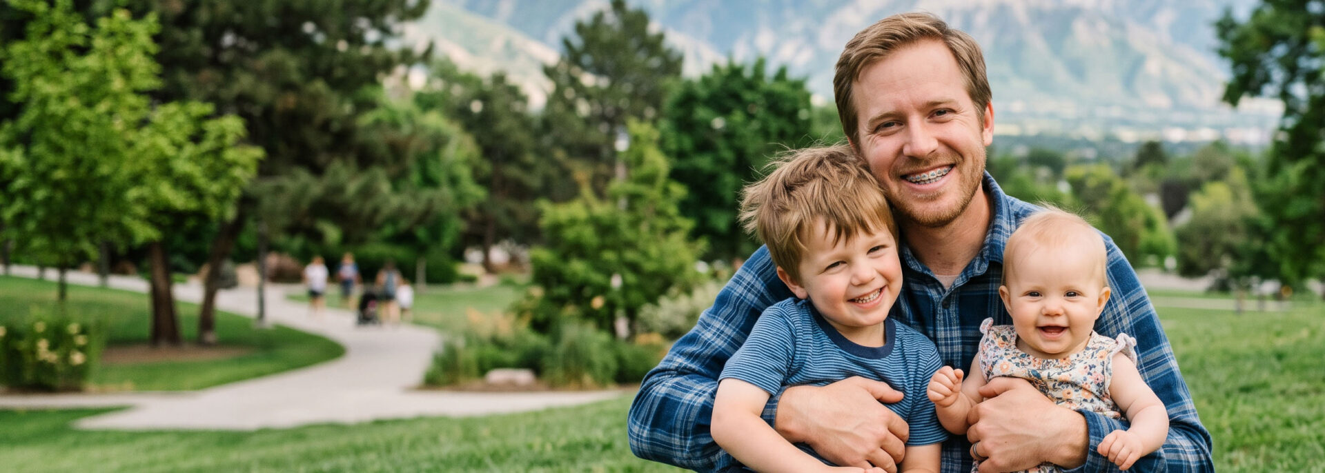 Smiling dad with his son and daughter