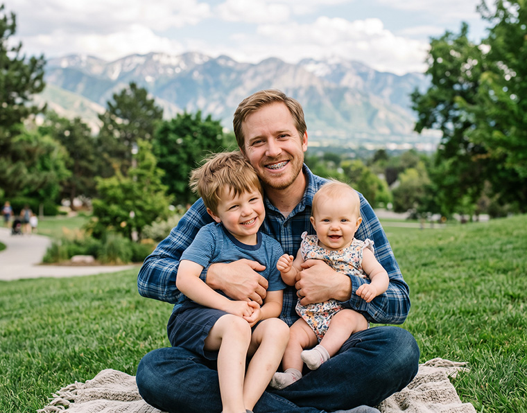 Smiling dad with his son and daughter