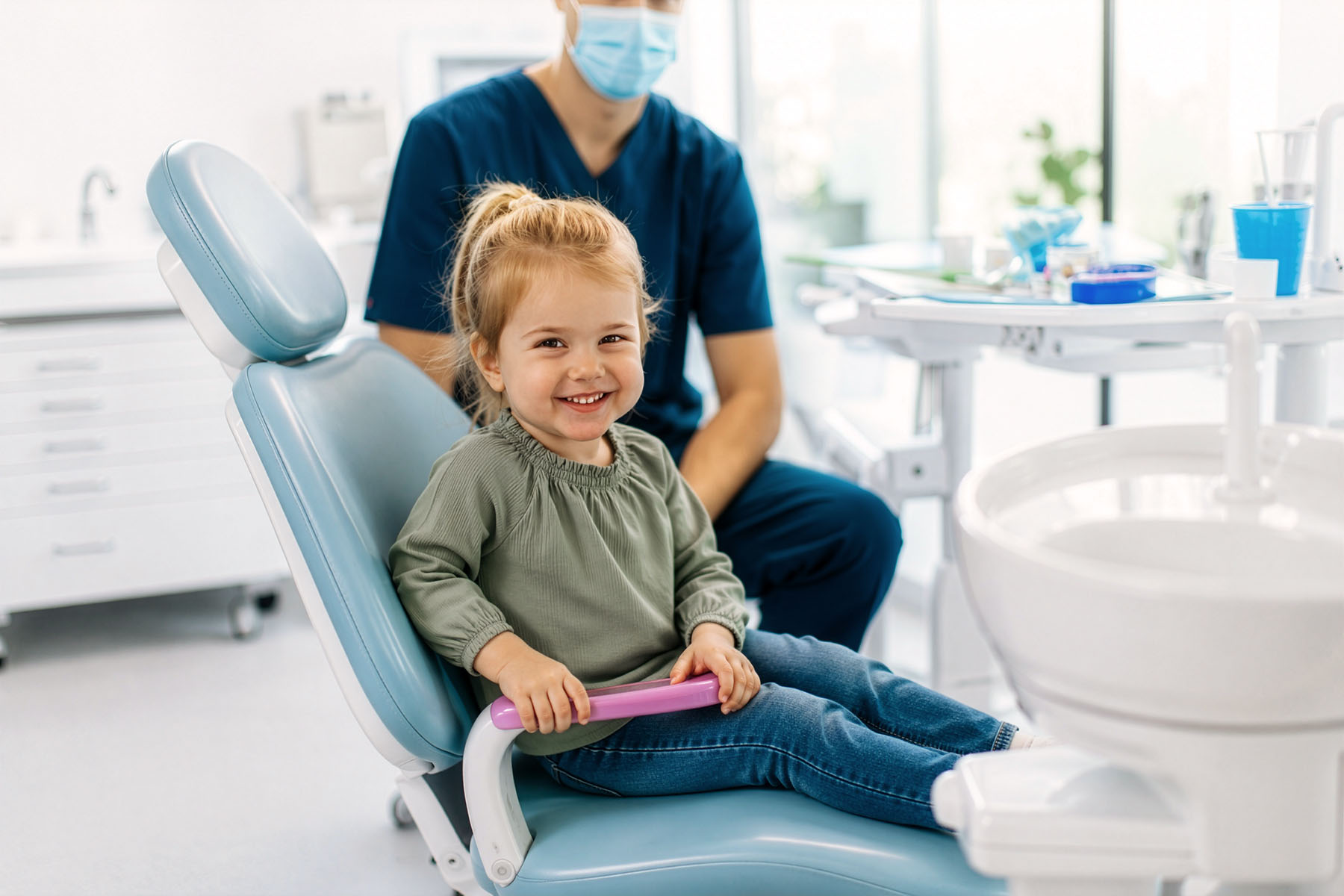 Toddler grinning from a pediatric dental chair while a dentist in navy scrubs waits behind her
