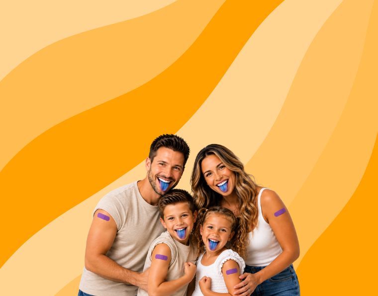 family with blue tongues and Bandaids on their arm
