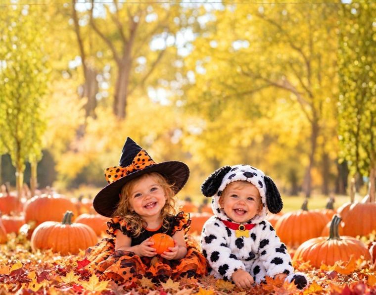 two young kids in Halloween costumes in pumpkin patch